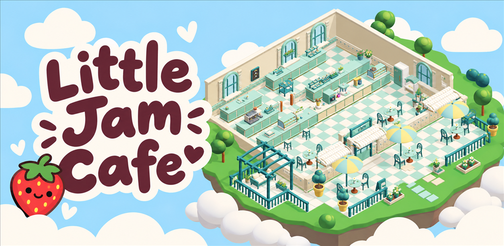 Little Jam Cafe's mint-green café on a floating island surrounded by soft clouds